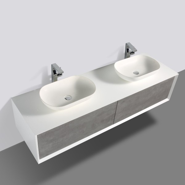 Badmöbel Anoif 1800 weiß matt - Front in Beton-Optik - Spiegel und Aufsatzwaschbecken optional